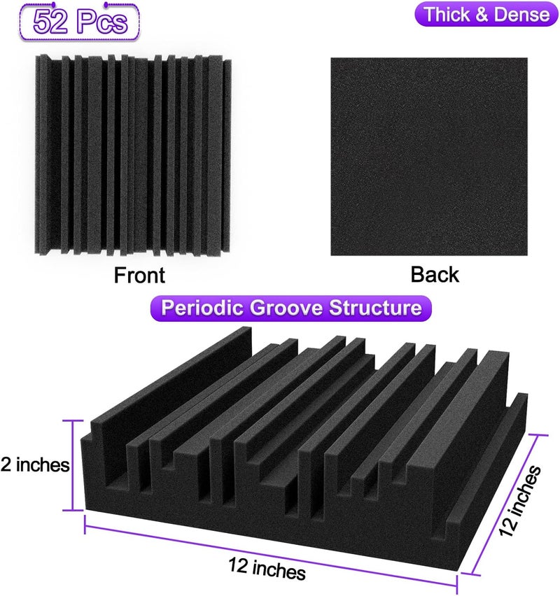 TroyStudio Thick Acoustic Foam Panels, 12 X 12 X 2 Inch 52 Pcs Broadband Sound Absorbing Foam, Dense Soundproof Padding Tile, Recording Studio Foam Absorber, Groove Decorative 3D Wall Ceiling Panel - Image 2